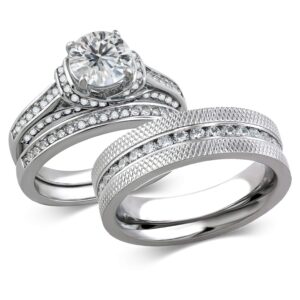 Marimor Jewelry His and Hers Stainless Steel 3 Piece Cubic Zirconia Wedding Ring Set and Eternity Wedding Band