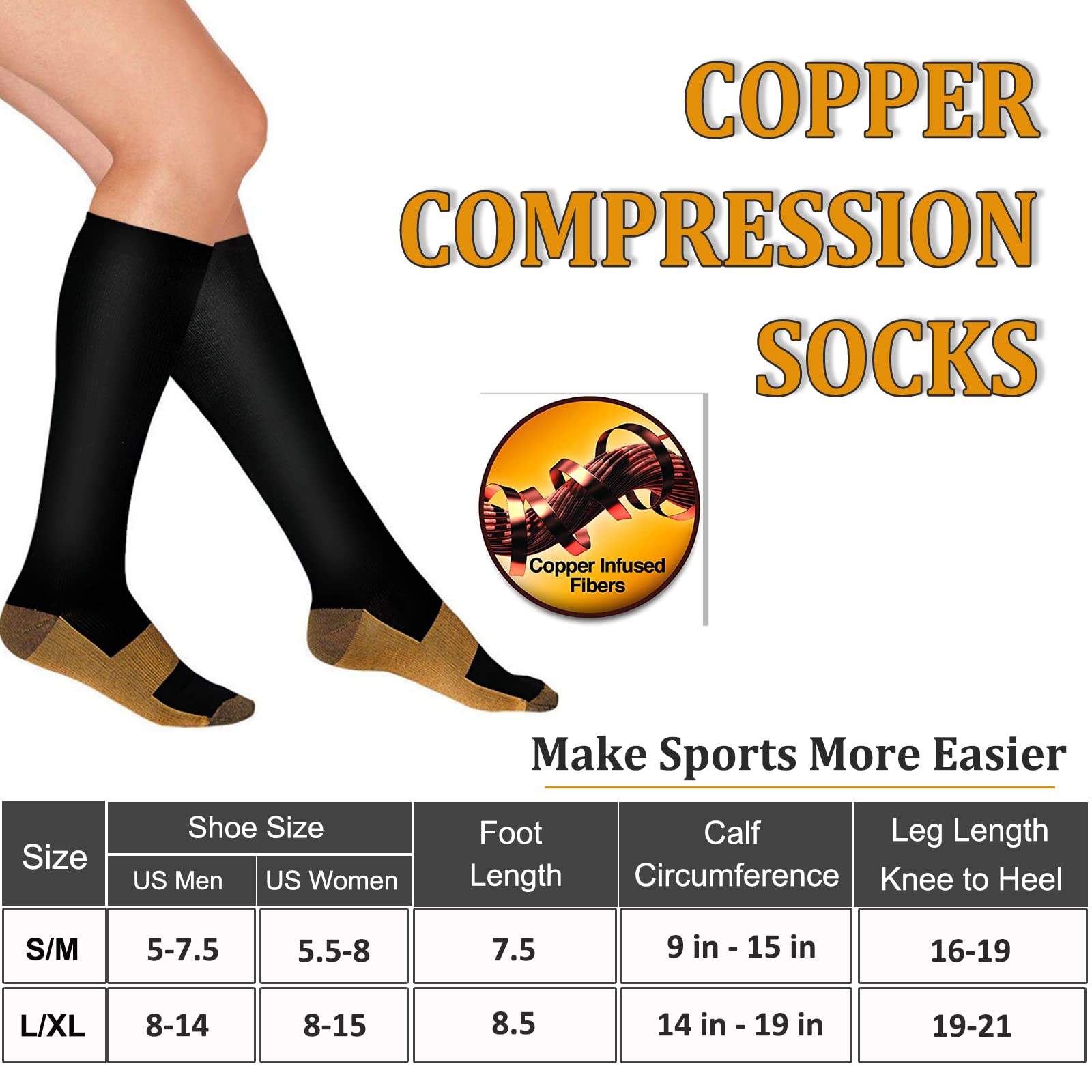 FuelMeFoot 3 Pack Copper Compression Socks - Compression Socks Women & Men Circulation - Best for Medical,Running,Athletic