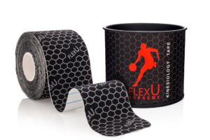 flexu synthetic kinesiology tape; single roll (pre-cut or continuous); advanced strength and flexibility properties; longer lasting therapeutic recovery tape;(pre-cut back)