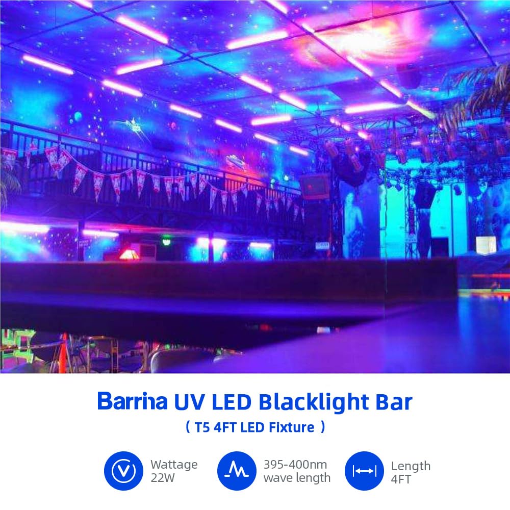 Barrina UV LED Blacklight Bar, 22W 4ft, T5 Integrated Bulb, Black Light Fixture for Blacklight Poster, Halloween Decorations and Christmas Party, Fun Atmosphere with Built-in on, Off Switch (4-Pack)