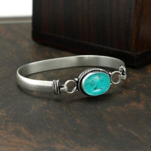 8.80 Cts Turquoise Bangle For Women Silver Overlay Handmade Vintage Boho Style Jewelry Mother's Day Gifts For Mom Wife