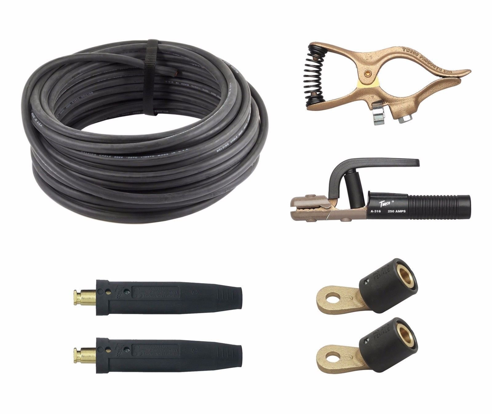 Welding Lead Package, 50' - 1/0 Cable, Electrode Holder, Ground Clamp, Lugs Set (1-A316, 1-GC300, 2-2AF, 1set- 2MPC1, 50ft-1/0)