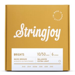 stringjoy bb1050 brights 80/20 bronze acoustic guitar strings, (extra light gauge - 10-50)