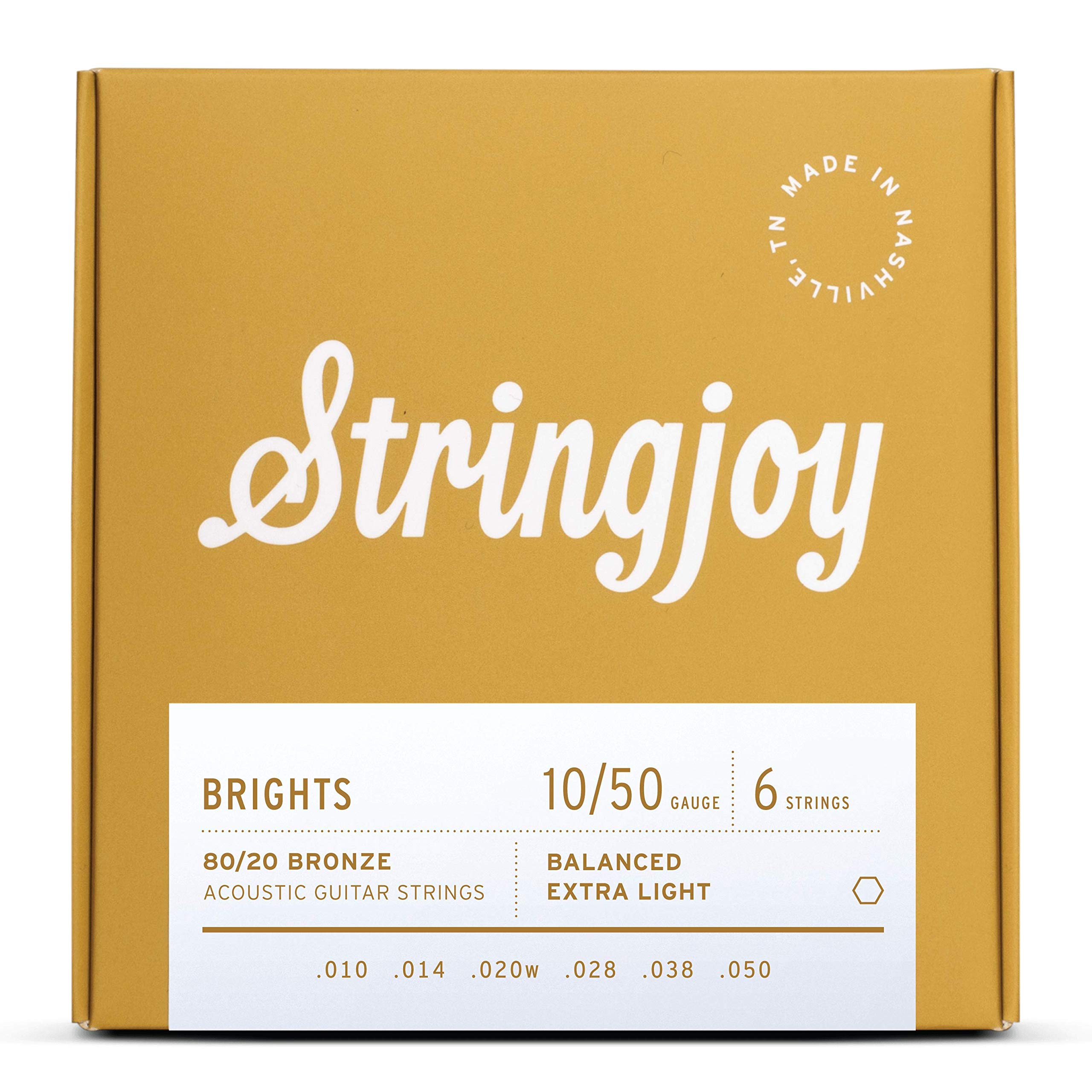 Stringjoy BB1050 Brights 80/20 Bronze Acoustic Guitar Strings, (Extra Light Gauge - 10-50)