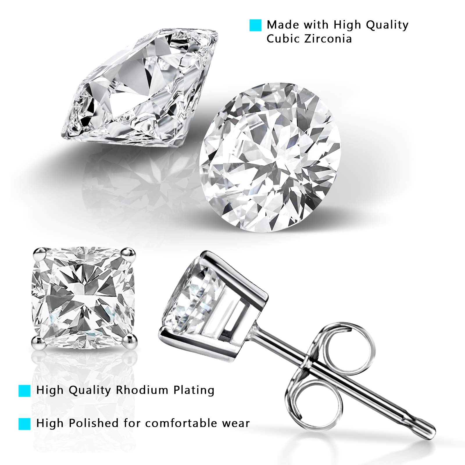 BSD Treasure Cubic Zirconia Stud Earrings 5 Pair Set - Women's Hypoallergenic Earrings - Classic Cubic Zirconia Earring in 5 Styles - Beautiful Jewelry Assortment - Silver