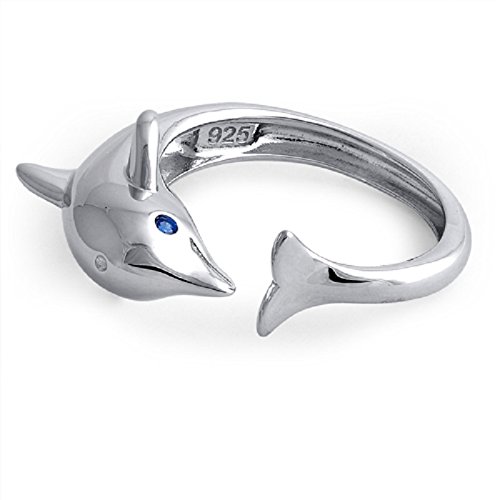 Sterling Silver Intelligent Playful Creature of Marine "Blue Eyes Dolphin" Ring - (Size 4-10)