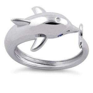 Sterling Silver Intelligent Playful Creature of Marine "Blue Eyes Dolphin" Ring - (Size 4-10)