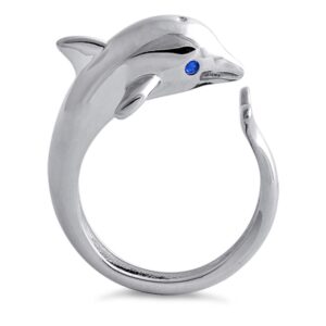 Sterling Silver Intelligent Playful Creature of Marine "Blue Eyes Dolphin" Ring - (Size 4-10)