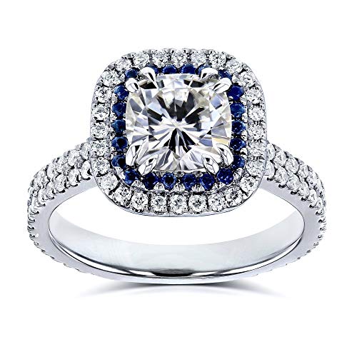 Kobelli 2 Carat TW Moissanite (GH) and Sapphire Cushion Halo Engagement Ring in 14k White Gold - Size 10