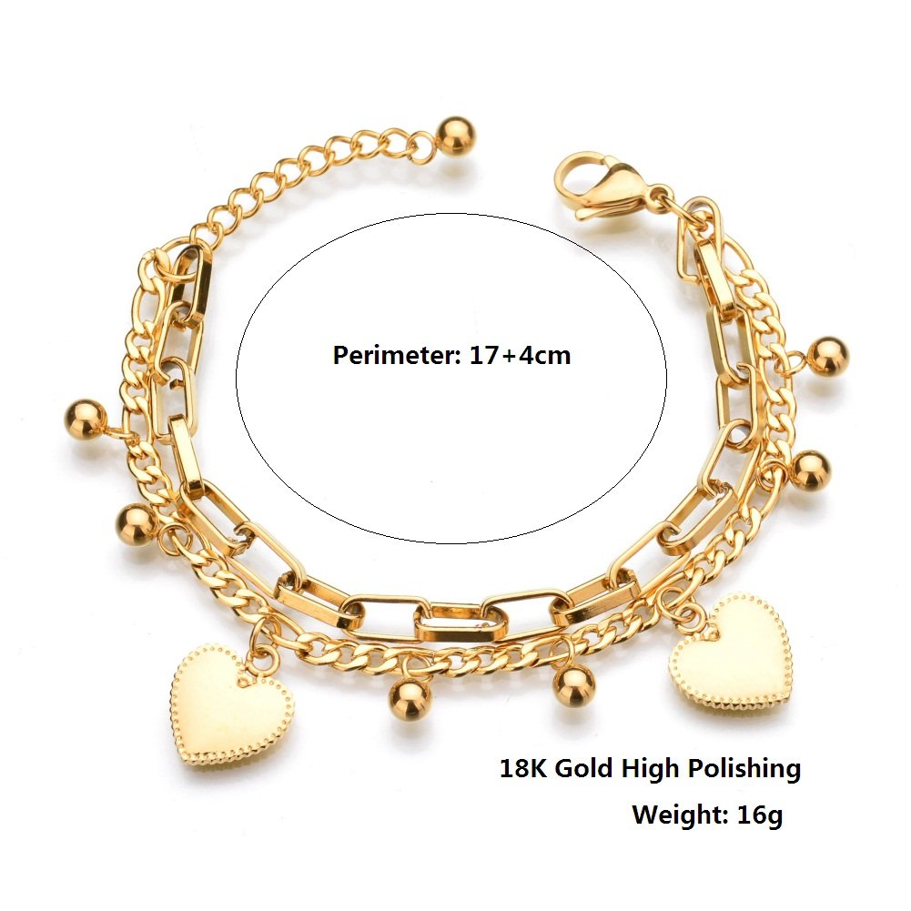 LUREME 18K Gold Stainless Steel Multi Chains Bracelet with Ball and Heart Charms for Women (bl003259)