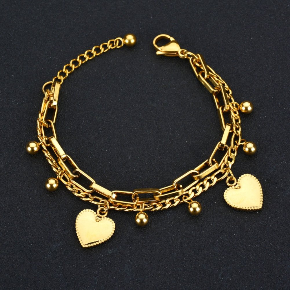 LUREME 18K Gold Stainless Steel Multi Chains Bracelet with Ball and Heart Charms for Women (bl003259)