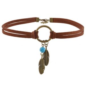 mjartoria native american bohemian feather charm handmade pu leather choker necklace (brown, bronze feather)