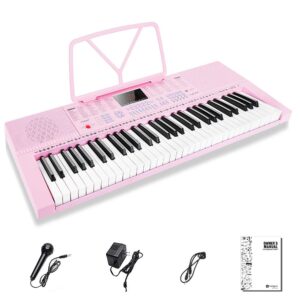 vangoa vgk610 piano keyboard, 61 mini keys portable music keyboard for beginners with microphone, 3 teaching modes, 350 tones, 350 rhythms, 30 demos, pink