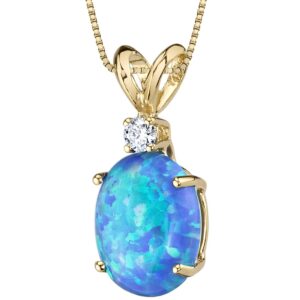 peora 14k yellow gold created blue opal with genuine diamond pendant, elegant solitaire, oval shape, 10x8mm, 1 carat total