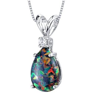 peora 14k white gold created black opal with genuine diamond pendant for women, elegant teardrop solitaire, pear shape, 10x7mm, 1 carat total