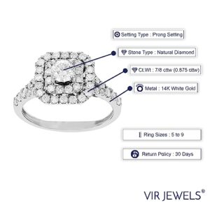 Vir Jewels 7/8 cttw Diamond Wedding Engagement Ring 14K White Gold Halo Prong Set Bridal Size 7