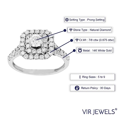 Vir Jewels 7/8 cttw Diamond Wedding Engagement Ring 14K White Gold Halo Prong Set Bridal Size 7