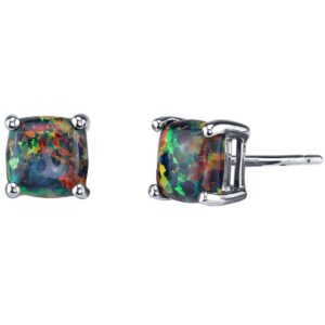 peora 14k white gold created black fire opal stud earrings for women, hypoallergenic solitaire, cushion cut 6mm, 1 carat total, october birthstone, friction back