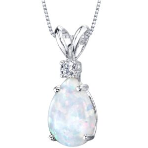 peora 14k white gold created white opal with genuine diamond pendant, elegant teardrop solitaire, pear shape, 10x7mm, 1 carat total