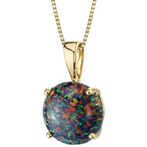 peora 14k yellow gold created black opal pendant for women, classic solitaire, round shape, 8mm, 1 carat