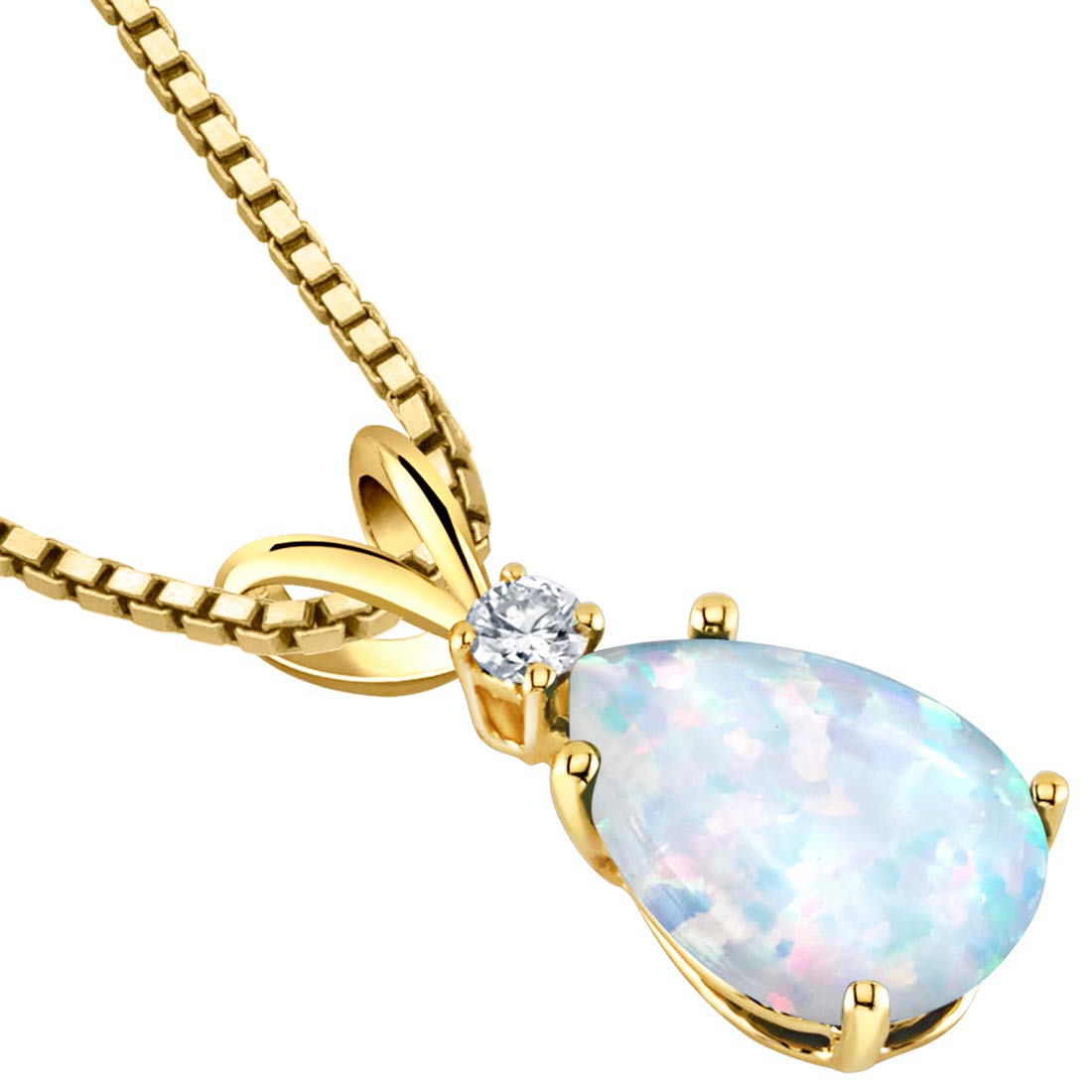 PEORA 14K Yellow Gold Created White Opal with Genuine Diamond Pendant for Women, Elegant Teardrop Solitaire, 1 Carat Pear Shape, 10x7mm