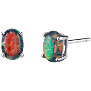 Peora Solid 14K White Gold Created Black Fire Opal Earrings for Women, Classic Solitaire Studs, 7x5mm Oval Shape, 1 Carat total, Friction Back