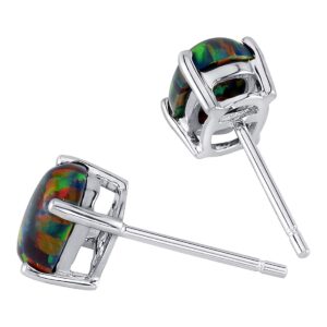 Peora Solid 14K White Gold Created Black Fire Opal Earrings for Women, Classic Solitaire Studs, 7x5mm Oval Shape, 1 Carat total, Friction Back