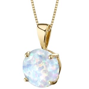 peora 14k yellow gold created white fire opal pendant for women, classic solitaire, 1 carat round shape aaa grade