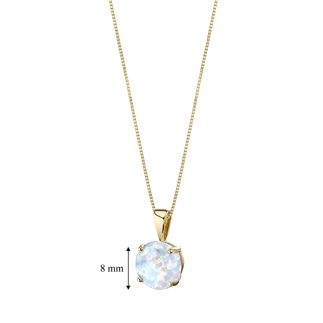 PEORA 14K Yellow Gold Created White Fire Opal Pendant for Women, Classic Solitaire, 1 Carat Round Shape AAA Grade