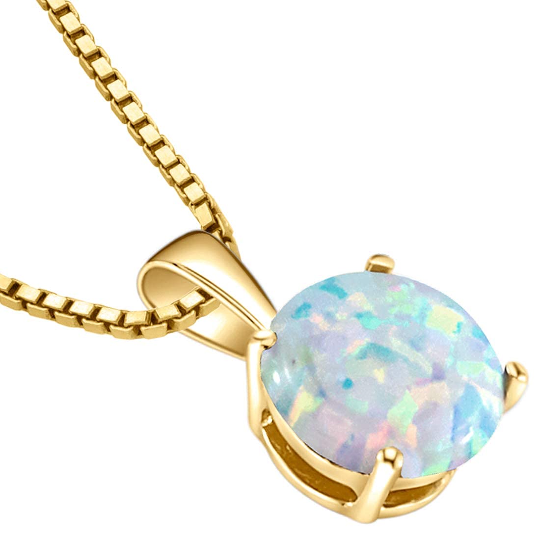 PEORA 14K Yellow Gold Created White Fire Opal Pendant for Women, Classic Solitaire, 1 Carat Round Shape AAA Grade