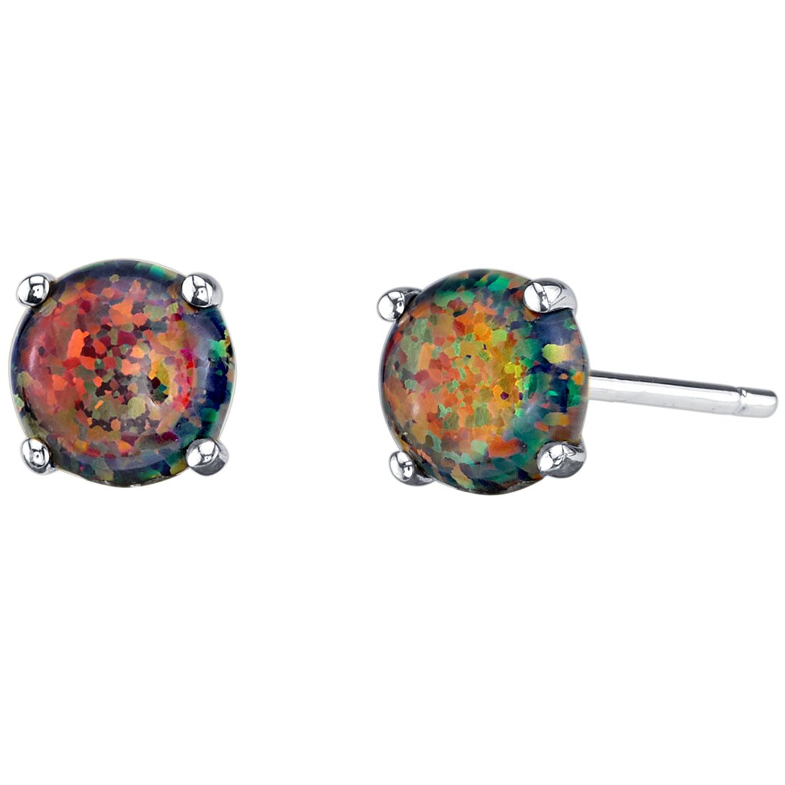 Peora 14K White Gold Created Black Fire Opal Stud Earrings for Women, Hypoallergenic Solitaire 1 Carat total Round Shape 6mm, October Birthstone, Friction Back