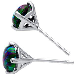 Peora 14K White Gold Created Black Fire Opal Stud Earrings for Women, Hypoallergenic Solitaire 1 Carat total Round Shape 6mm, October Birthstone, Friction Back