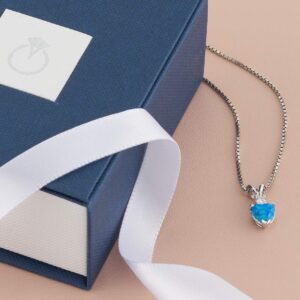 PEORA 14K White Gold Created Blue Opal with Genuine Diamond Pendant, Heart Shape Solitaire, 6mm