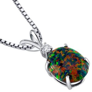 PEORA 14K White Gold Created Black Opal with Genuine Diamond Pendant for Women, Elegant Solitaire, Oval Shape, 10x8mm, 1 Carat total