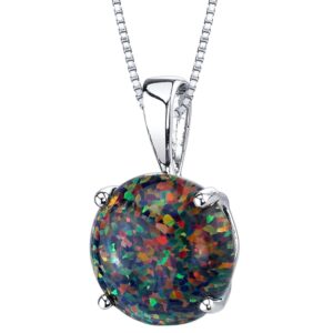 peora 14k white gold created black fire opal pendant for women, classic solitaire, 1 carat round shape 8mm, aaa grade