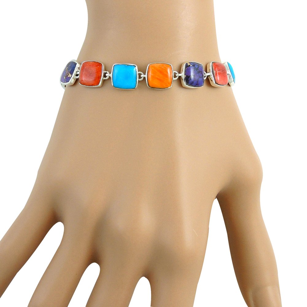 Turquoise Link Bracelet Sterling Silver 925 Genuine Turquoise & Gemstones (Multi)