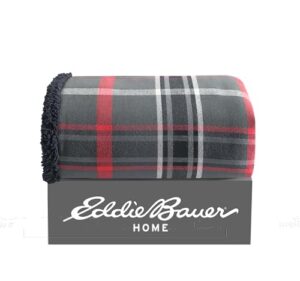 eddie bauer - throw blanket, cotton flannel home decor, all season reversible sherpa bedding (winslow charcoal, throw)