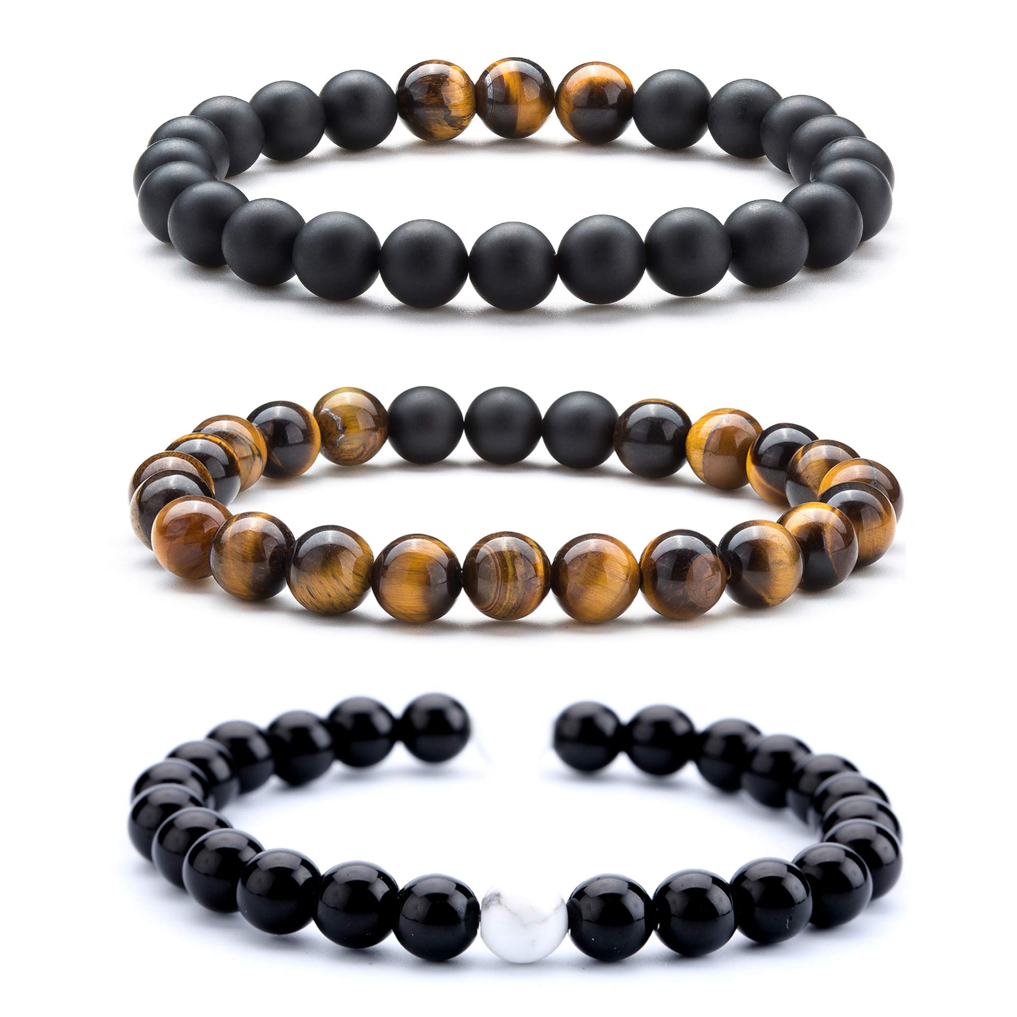 Hamoery Men Women 8mm Tiger Eye Stone Beads Bracelet Elastic Natural Stone Yoga Bracelet Bangle (Set2)