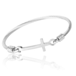 wdshow sideways cross bracelet cuff bangle stainless steel silver-tone