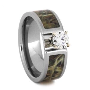 The Men's Jewelry Store (Unisex Jewelry) Forever One Moissanite, Camo Engagement Ring and Deer Antler, Camo Print Titanium Band, His and Her Wedding Band Set, M10-F5