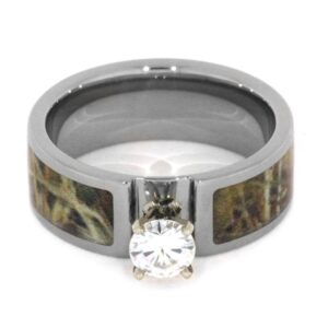 The Men's Jewelry Store (Unisex Jewelry) Forever One Moissanite, Camo Engagement Ring and Deer Antler, Camo Print Titanium Band, His and Her Wedding Band Set, M10-F5