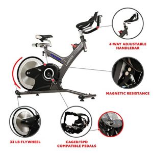 Sunny Health & Fitness Asuna 7130 Lancer Cycle Exercise Bike - Magnetic Belt Drive Commercial Indoor Cycling Bike with SPD Style/Cage Pedals, 285 LB Max Weight and Low Q-Factor