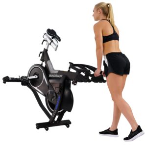 Sunny Health & Fitness ASUNA 7150 Minotaur Exercise Bike Magnetic Belt Drive Commercial Indoor Cycling Bike with 330 LB Max Weight, SPD Style/Cage Pedals and Aluminum Frame, Black