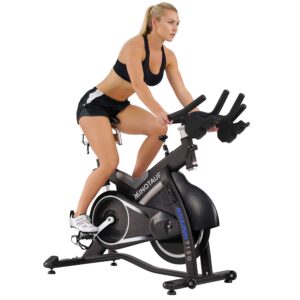 Sunny Health & Fitness ASUNA 7150 Minotaur Exercise Bike Magnetic Belt Drive Commercial Indoor Cycling Bike with 330 LB Max Weight, SPD Style/Cage Pedals and Aluminum Frame, Black