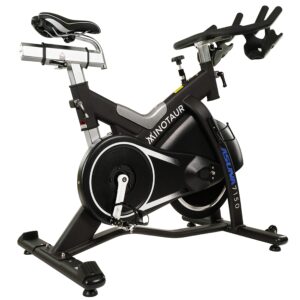 Sunny Health & Fitness ASUNA 7150 Minotaur Exercise Bike Magnetic Belt Drive Commercial Indoor Cycling Bike with 330 LB Max Weight, SPD Style/Cage Pedals and Aluminum Frame, Black