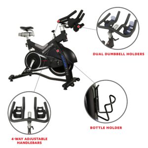 Sunny Health & Fitness ASUNA 7150 Minotaur Exercise Bike Magnetic Belt Drive Commercial Indoor Cycling Bike with 330 LB Max Weight, SPD Style/Cage Pedals and Aluminum Frame, Black