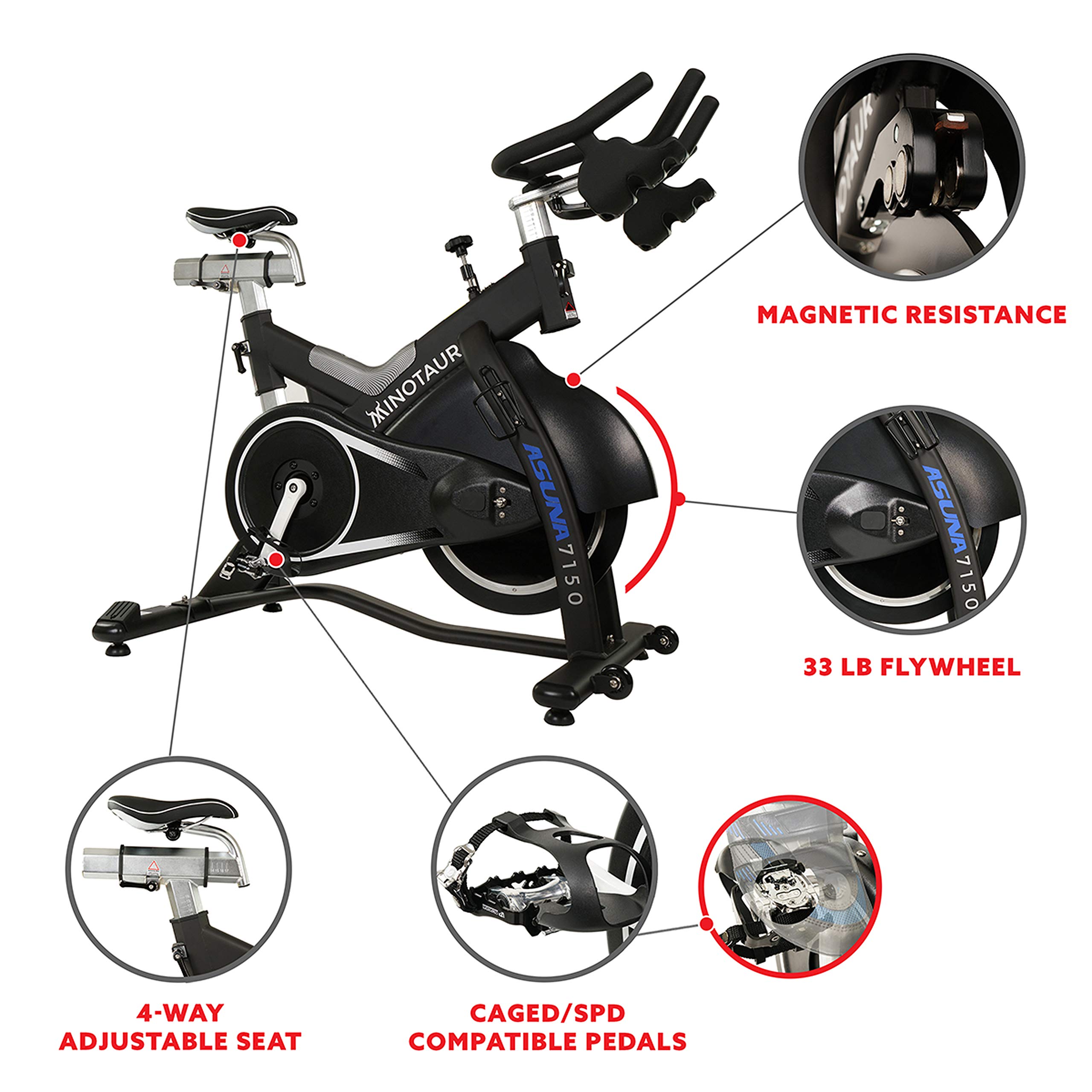 Sunny Health & Fitness ASUNA 7150 Minotaur Exercise Bike Magnetic Belt Drive Commercial Indoor Cycling Bike with 330 LB Max Weight, SPD Style/Cage Pedals and Aluminum Frame, Black