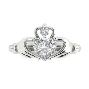 1.06 ct heart cut clear simulated diamond 14k white gold solitaire claddagh engagement promise bridal ring size 6.25