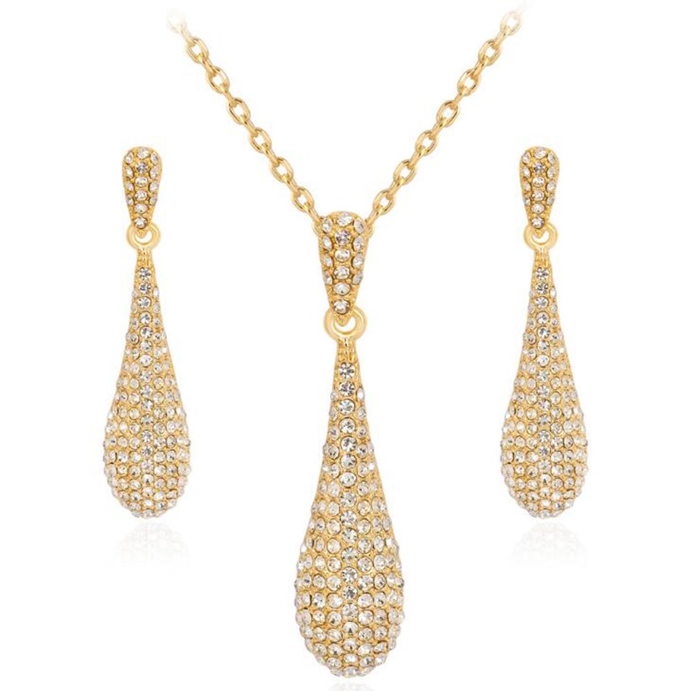 YINLI Gold Full Crystal Rhinestone Gem Tear Drop Pendant Necklace Earrings Jewelry Sets (Style01)