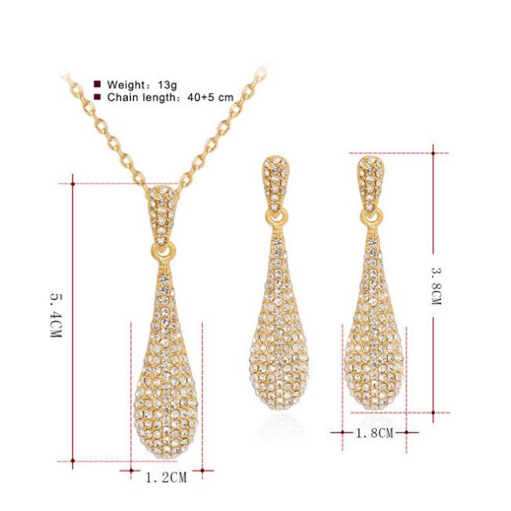 YINLI Gold Full Crystal Rhinestone Gem Tear Drop Pendant Necklace Earrings Jewelry Sets (Style01)